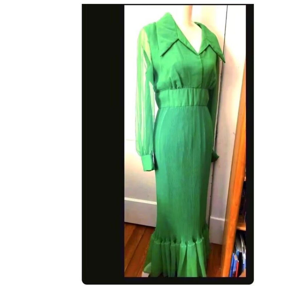 VTG 70s Miss Elliette Green Chiffon Micro Pleated Cocktail Gown Maxi Dress sz XL